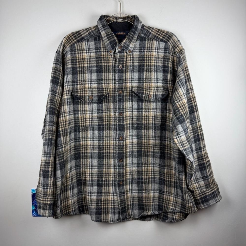 Woolrich Gray Tan Wool Plaid Button Down Flannel Shirt Men’s Size XL Hiking Fall